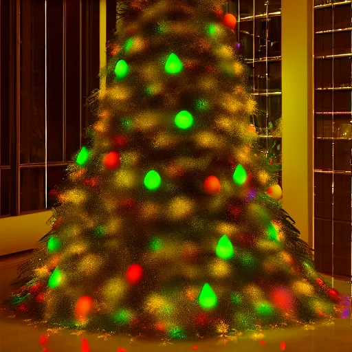 Image similar to a christmas tree made out of neon lights in a dark room, hyperrealistic photograph, artstation, octane render