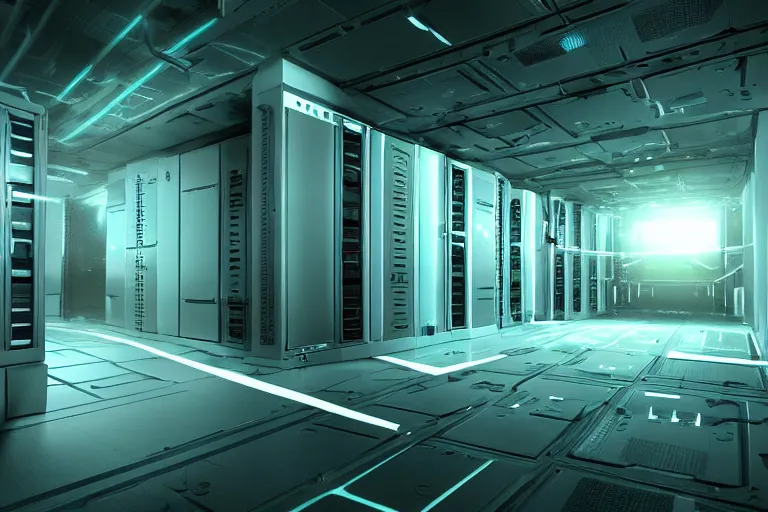 Prompt: parallax datacenter server room interior single mono colossus white rusty android guest robosaurus alarm artstation cinematic detailed concept art volumetric light sharp coherent cgsociety symmetric perfect well balanced shadows lotr servers