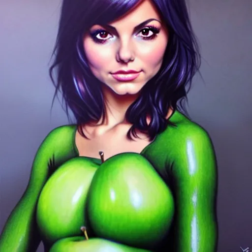 Prompt: granny smith apple costume worn by victoria justice, by artgerm, wlop. vastly enriched image quality. lucidly vivid. iridescentally detailed. extremely elegant and beautiful.