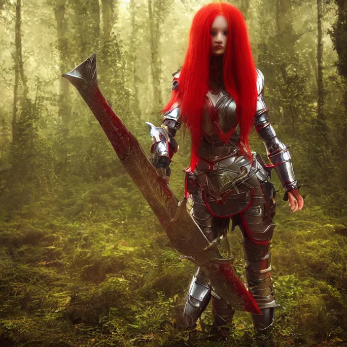 Prompt: a girl with long red hair wearing a red plate armor and hding a big red sword in a forest, 3d render, octane render, unreal engine 5, 8k hdr, hyperrealistic, highly detailed, high quality, concept art, trending on Artstation, fantasy armor