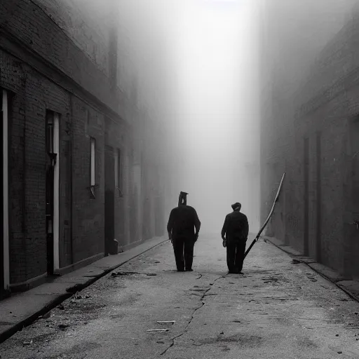 Image similar to a group of clowns walking down a long dark foggy alley the are carrying sticks. fog, tall decrepit buildings. black and white photography