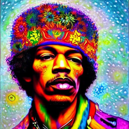 Image similar to An extremely psychedelic portrait of Jimi Hendrix wearing a crown, surreal, LSD, face, detailed, intricate, elegant, lithe, highly detailed, digital painting, artstation, concept art, smooth, sharp focus, illustration