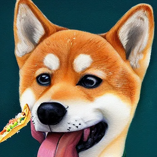 Image similar to beautiful detailed painting of a shiba inu eating a taco