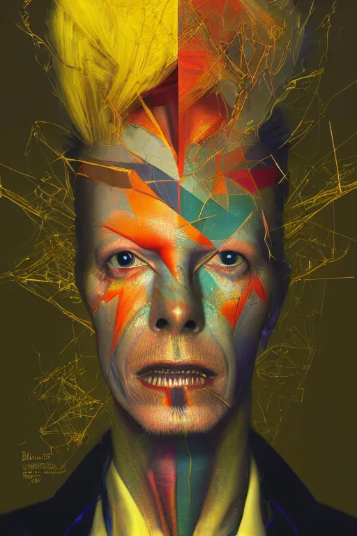 Image similar to portrait of david bowie cyborg, kintsugi, modern fine art, fractal, intricate, elegant, highly detailed, digital photography, subsurface scattering, by jheronimus bosch and basquiat and greg rutkowski,