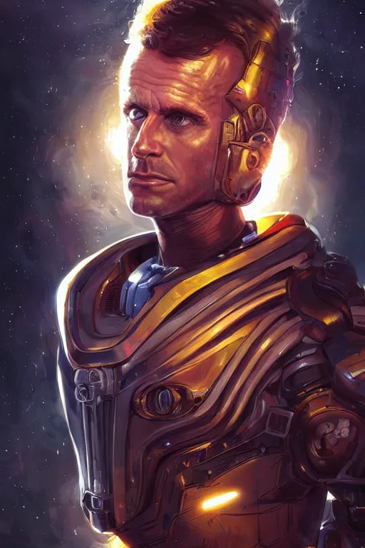 Image similar to portrait of emmanuel macron in space armor, realistic, high definition, 4 k, shimmering color, hyper detailed, art of greg rutkowski and magali villeneuve and artgerm