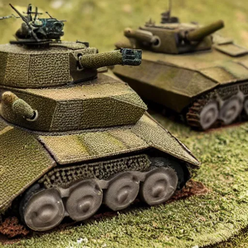 Prompt: 1/35 scale model of Tiger tanks sieging a group of guinea pigs in a garden, 8k, award winning photo, scale model photography,