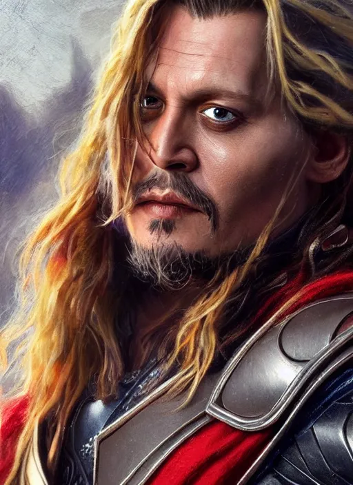 Image similar to johnny depp as thor, naturel, hyper detailed, digital art, trending in artstation, cinematic lighting, studio quality, smooth render, unreal engine 5 rendered, octane rendered, art style by klimt and nixeu and ian sprigger and wlop and krenz cushart