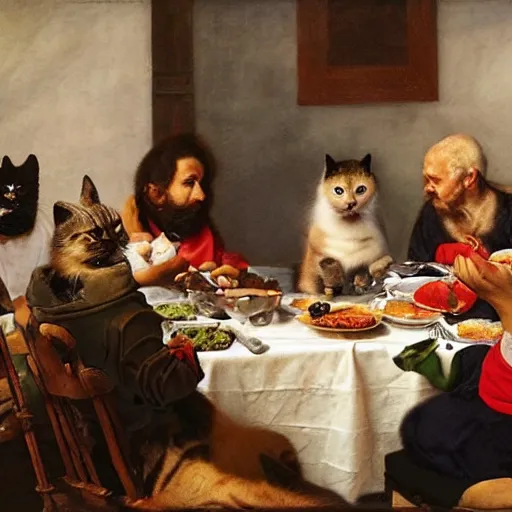 Prompt: accidental renaissance dinner with cat people