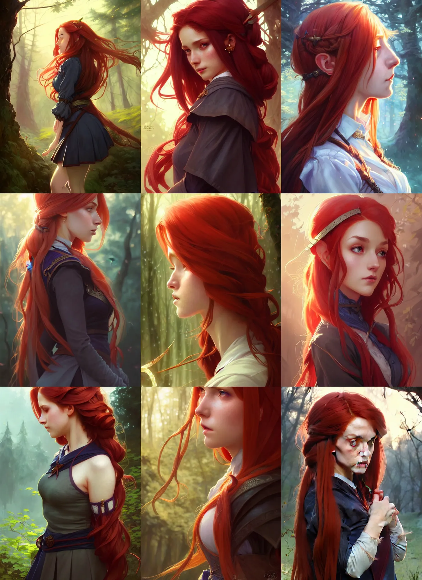 Prompt: side portrait attractive female, adventurer magic school academia uniform, fantasy forest landscape, dnd fantasy magic, long red hair, cinematic rim light, intricate, elegant, sharp focus, illustration, highly detailed, digital painting, concept art, matte, art by wlop and artgerm and greg rutkowski and alphonse mucha, masterpiece