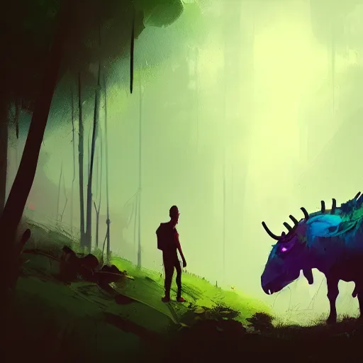 Image similar to ismail inceoglu and jama jurabaev's concept art, cel shadow, film shooting, trends on artstation, high quality, brush strokes, bright colors, giant demon goat skull in mysterious rainforest - w 8 9 6