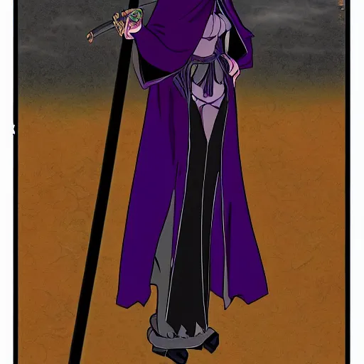 Prompt: an attractive anime female necromancer mage symmetrical, donned in black cloak with purple staff full body in frame