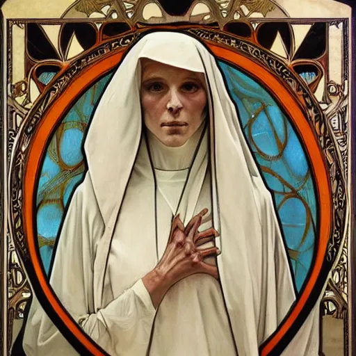 Image similar to a Masterpieces portrait of a skeleton nun in the style of Alphonse Mucha,Realistic style,oil on canvas