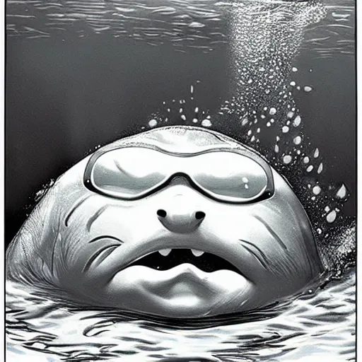 Image similar to fat cat head underwater like in jaws poster,