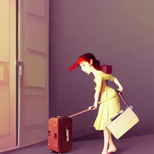 Image similar to goro fujita ilustration heerful girl taking the suitcases out of her house, characterized by william - adolphe bouguereau, character art, sharp focus, highly detailed, artstation