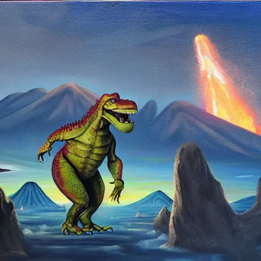 Prompt: A comit about to hit earth, a trex dinosaur is looking, a volcano erupting in the background, oil painting