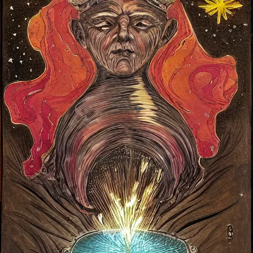 Prompt: the sphinge is an elderly Cosmic being with a woman head and spikes who appears to humain as a fountain