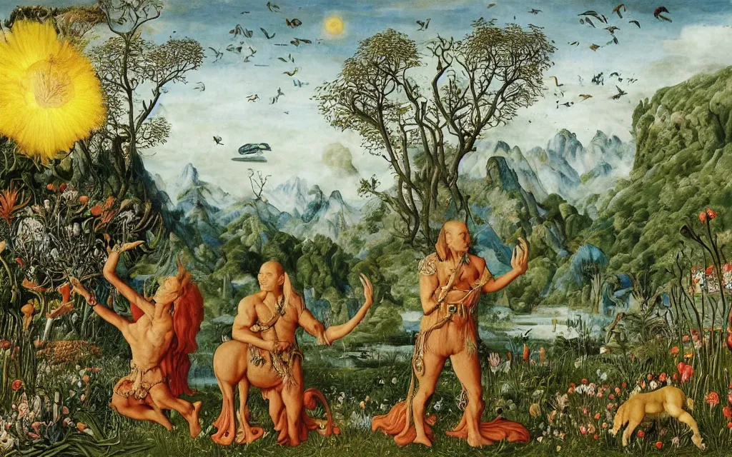 Prompt: a portrait photograph of a meditating werelwolf and a centaur king hunting tropical animals at a wide river delta. surrounded by bulbous flowers, animals, trees and mushrooms. mountain range under a vast blue sky of burning stars. painted by jan van eyck, max ernst, ernst haeckel and artgerm, cgsociety, artstation, fashion editorial