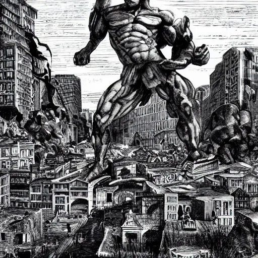 Prompt: a greek titan destroying a city