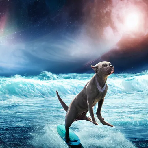 Image similar to photo of gray coat pit bull with white paws surfing a surfboard on a crashing l wave of alien ocean in space, background is an alien galaxy, aliens in the background, alien colors, octane render, unreal engine, wide view, 8 k, high detaild