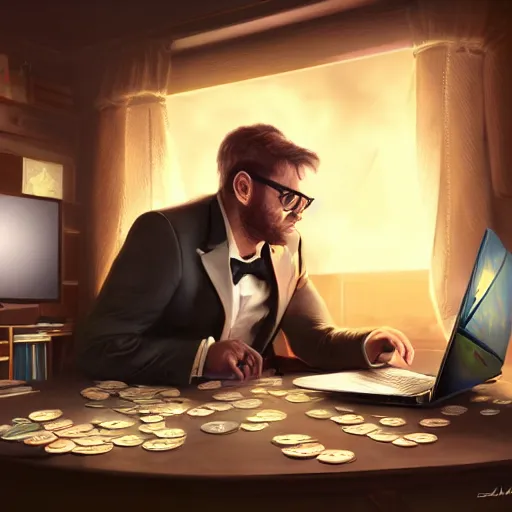 Image similar to realistic rich man using laptop in gaming room, money floating in air, artstation trends, sci fi concept art, highly detailed, intricate, sharp focus, digital art, 8 k