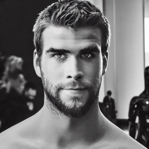 Image similar to “a realistic detailed photo of a guy who is an attractive humanoid who is half robot and half humanoid, who is a male android, actor Liam Hemsworth, shiny skin, posing like a statue, blank stare, at the museum, on display”