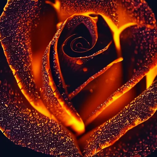 Image similar to award - winning macro of a beautiful black rose made of glowing molten magma