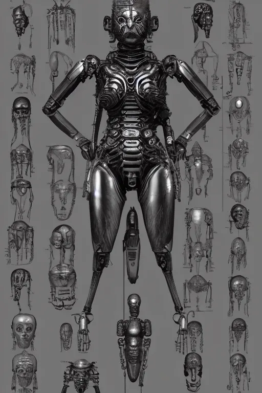 Prompt: andriod hindu goddess with gunmetal grey skin, medical anatomy, very symmetrical face, highly detailed, japanese mecha, three - perspective / three - view reference sheet ( front / back / side ), in the style of dan ouellette, dren from splice, hr giger, sil from species, artstation, unreal engine