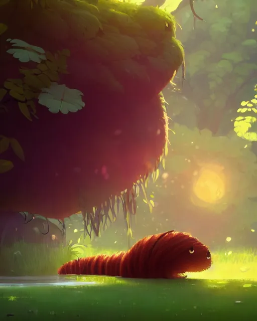 Image similar to a giant hairy caterpillar taking a bath in a spring with lush vegetation around, cory loftis, james gilleard, atey ghailan, makoto shinkai, goro fujita, character art, rim light, exquisite lighting, clear focus, very coherent, plain background, soft painting