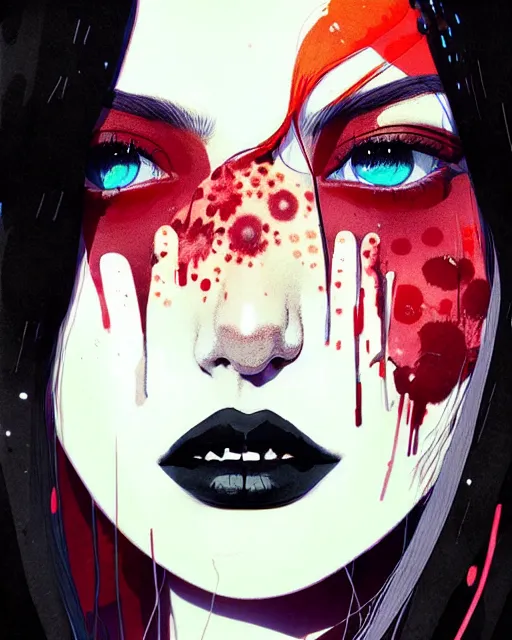 Image similar to close up, captivating, memorable, a ultradetailed beautiful photo of a unique woman wearing a hippy goth outfit standing too too too close, staring at you by conrad roset, greg rutkowski and makoto shinkai trending on artstation