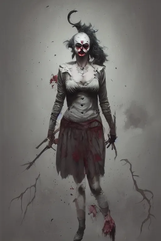 Image similar to The killer female clown, horror, illustrated by Greg Rutkowski and Caspar David Friedrich., Trending on artstation, artstationHD, artstationHQ, 4k, 8k