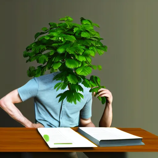 Prompt: photo of green natural skinny plant with human arms sitting at the table with opened laptop and many written papers, textbooks and books, artstation, award winning, 8k, realistic, hd