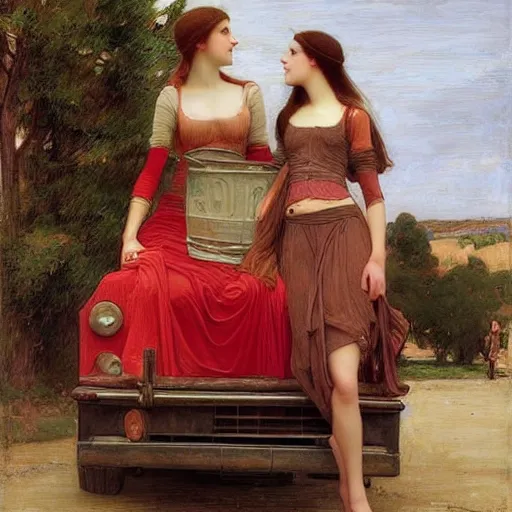 Image similar to two very very very beautiful women standing in front of a truck, smiling, flirty, perfect face, perfect body, digital art by john william waterhouse