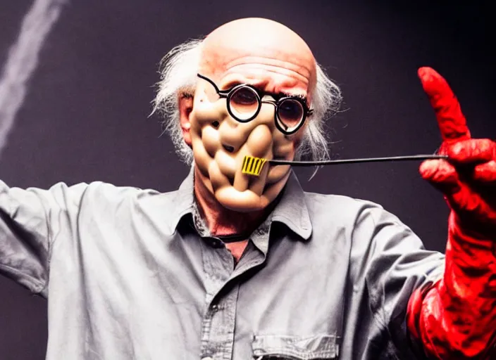 Image similar to publicity photo still of larry david wearing a slipknot mask touring with slipknot live on stage, 8 k, live concert lighting, mid shot