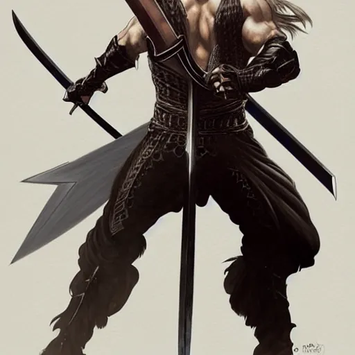 Image similar to Henry Cavill as Sephiroth wielding a katana, western, D&D, fantasy, intricate, elegant, highly detailed, digital painting, artstation, concept art, matte, sharp focus, illustration, art by Artgerm and Greg Rutkowski and Alphonse Mucha