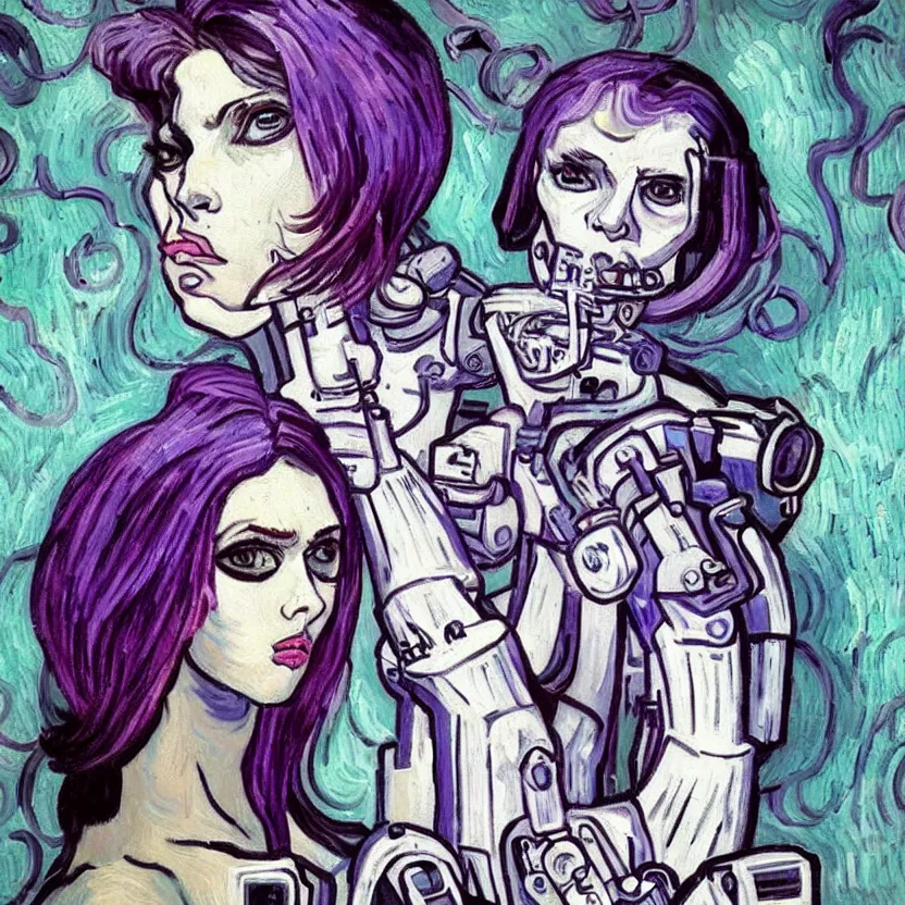 Image similar to A beautiful painting of a cyberpunk girl with purple hair and an a huge robot arm sensual stare, augmentations and cybernetic enhancements neon circuits, Painted by Vincent Van Gogh ❤️‍🔥 🔥 💀 🤖 🚀