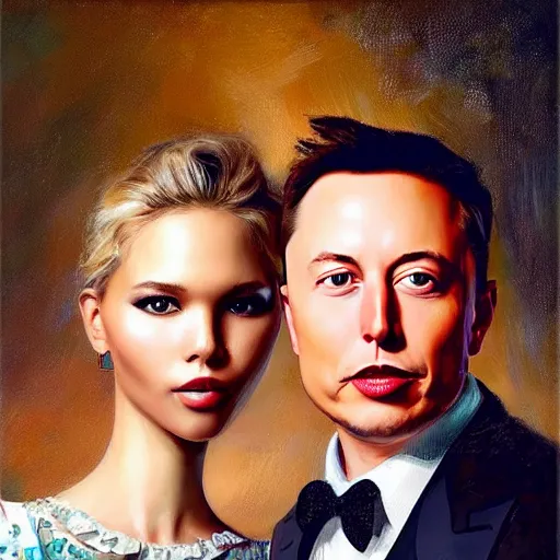 Image similar to Portrait of sasha luss and elon musk, in the style of Konstantin Razumov, extremely detailed