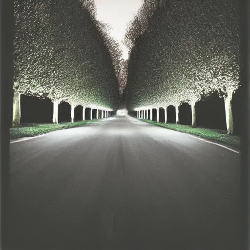 Image similar to Beautiful cameraphone 2000s, soft liminal Photograph of an estate road at night, hedge