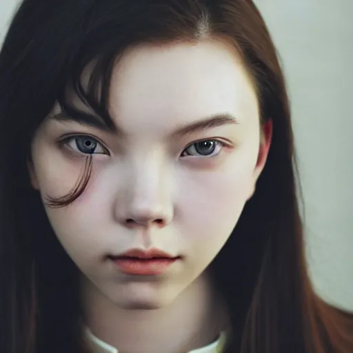 Image similar to a portrait photo of a beautiful young woman who looks like a korean anya taylor - joy