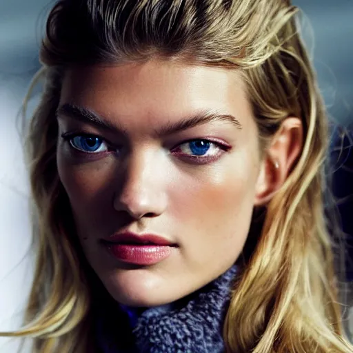 Prompt: A beautiful portrait of Martha Hunt as a model at Chanel fashion show as a model Spring/Summer 2010, highly detailed, in the style of cinematic, Milan fashion week backstage, Extreme close up, Makeup by Pat McGrath, Hair by Guido Palau