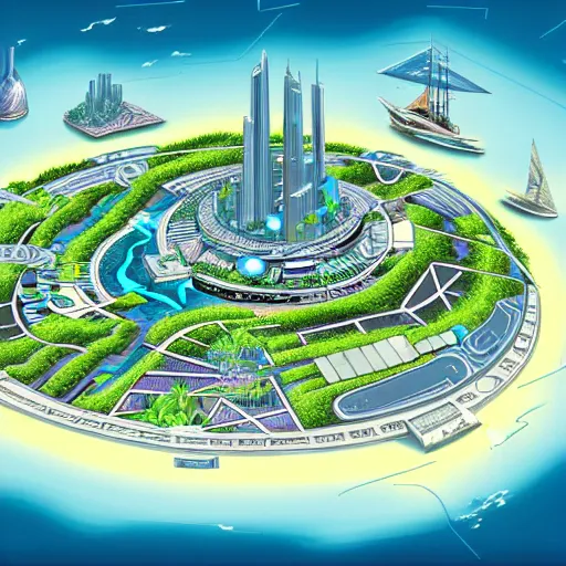 Prompt: a detailed high resolution map of a futuristic city located in a round island with a lot of vegetation surrounded by water with a few flying ships stationed around it, in style of mexican muralist. full color, axonometric exploded view, high res