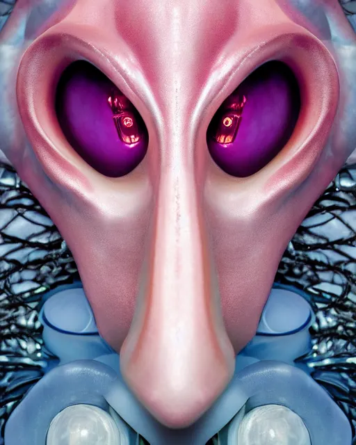 Image similar to natural light, soft focus portrait of a cyberpunk anthropomorphic squid with soft synthetic pink skin, blue bioluminescent plastics, smooth shiny metal, elaborate ornate head piece, piercings, skin textures, by annie leibovitz, paul lehr