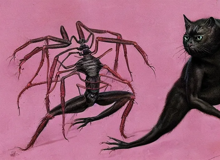 Image similar to a picture of an horrifi creature with spider! torso and leg and with a black cat head!, art by wayne barlowe and