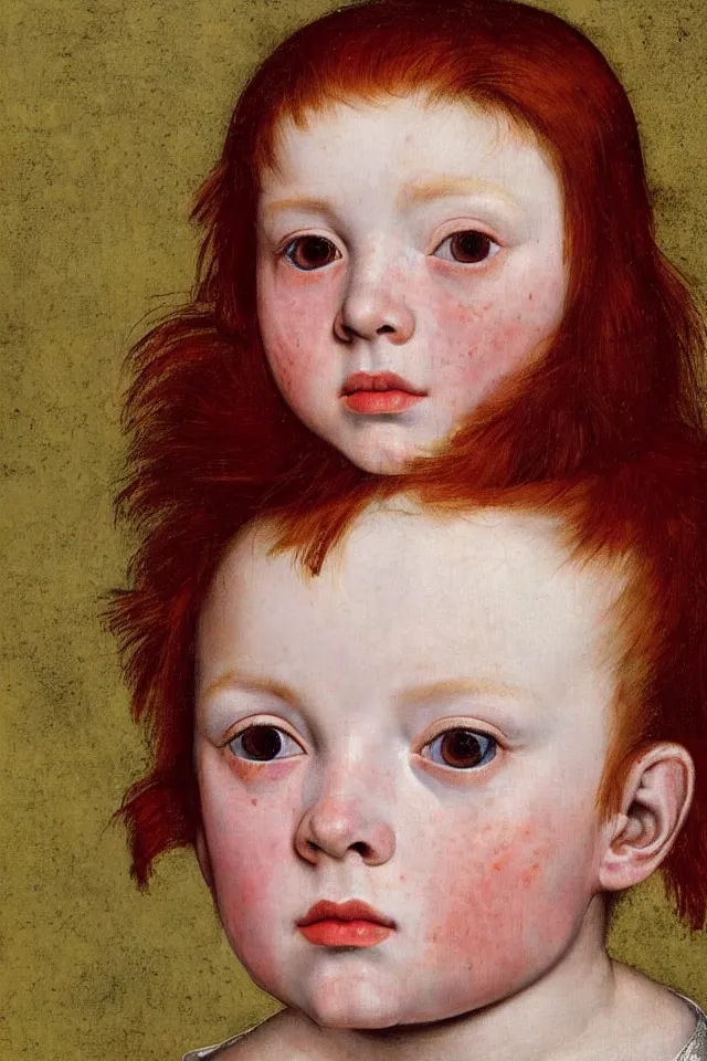 Prompt: hyper realistic portrait of a child from the 16th century with red hair and freckles, Art by Caravaggio