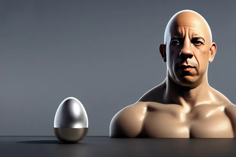 Prompt: egg cup with vin diesel head, silver egg cup, head is an egg, hyper detailed, digital art, artstation, cinematic lighting, studio quality, smooth render, by boris vallejo, android jones, artgerm, caravaggio