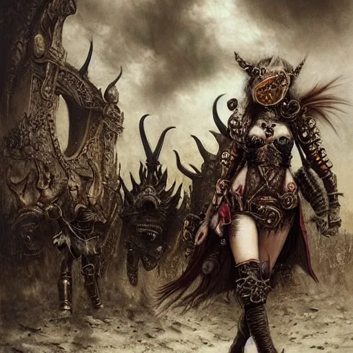 Image similar to a hyperrealistic portrait painting of a beautiful woman with demonic horns wearing steampunk goggles and ornate leather armor, walking into battle against an immense demonic army, by santiago caruso, highly detailed,