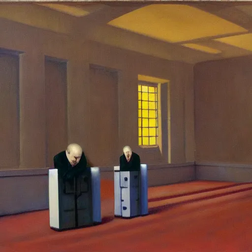 Prompt: three brutalist robot judges in a vaulted court, grant wood, pj crook, edward hopper, oil on canvas