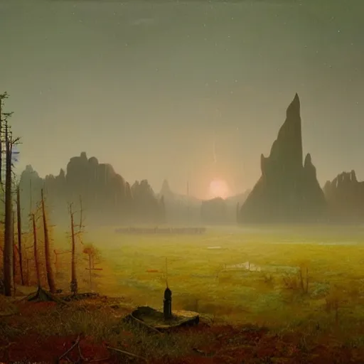 Prompt: Visions of the Past: Landscapes by Simon Stålenhag and Albert Bierstadt, oil on canvas