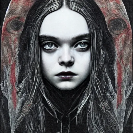 Image similar to a striking esoteric painting of Elle Fanning , dark, metal, black background, occult, by Edward Hughes