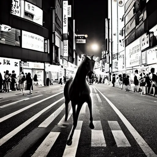 Prompt: horse running down the Tokyo Street night sky busy Street