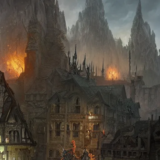 a grim dark fantasy town seen from afar, dnd | Stable Diffusion